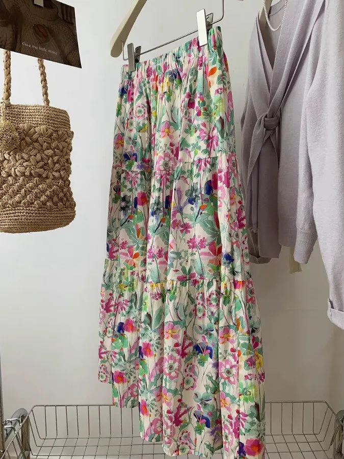 

Floral Print Midi Skirt Women's 2025 New Summer Design Unique High Waist Slimming Umbrella Skirt A-Line Skirt