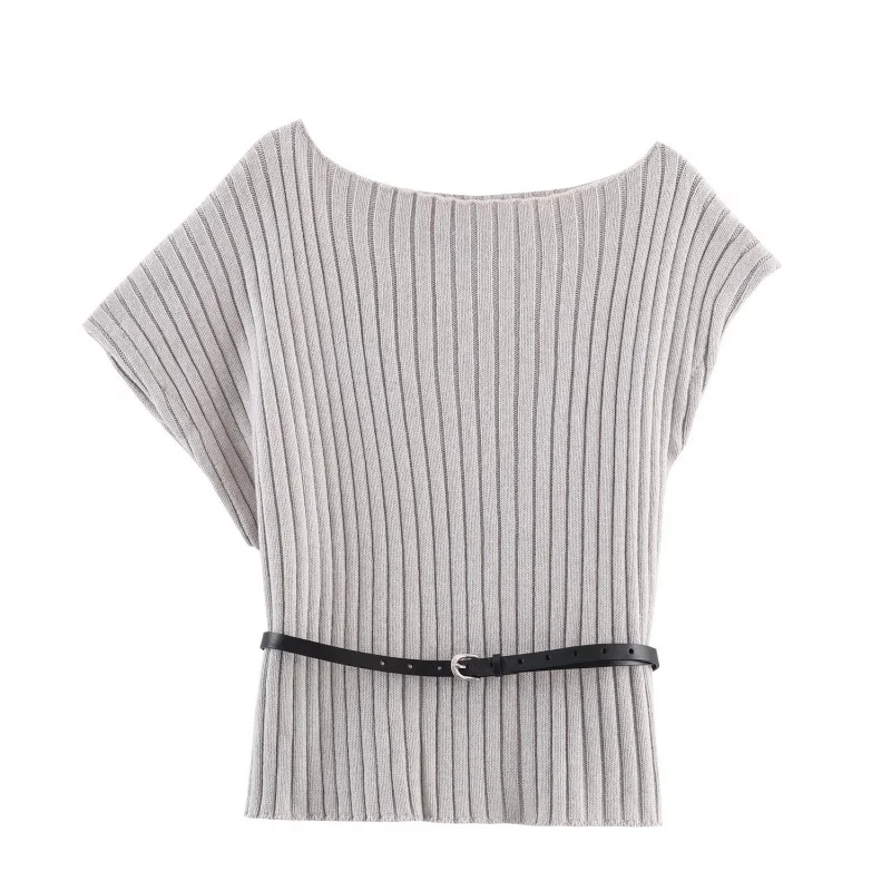 

Осенний вязаный пуловер с круглым вырезом и асимметрией, с короткими рукавами, женский декор с поясом, универсальный простой топ, женская офисная одежда