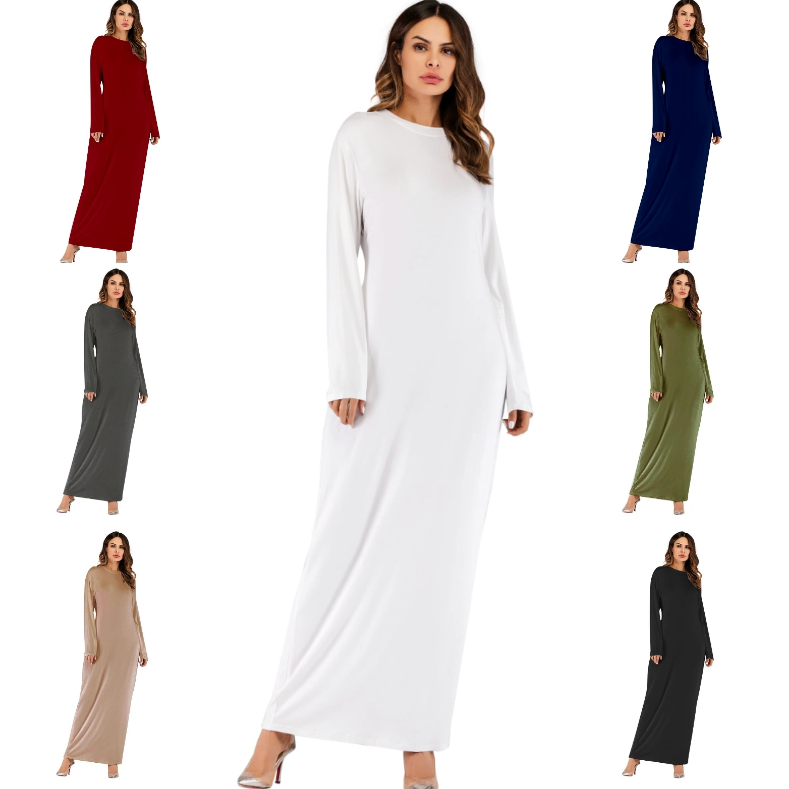 Women's Fashion Muslim Inner Dress Long Sleeve Comfortable Round Neck Abayas For Women Robe Bottoming Modal Cotton Dress Female