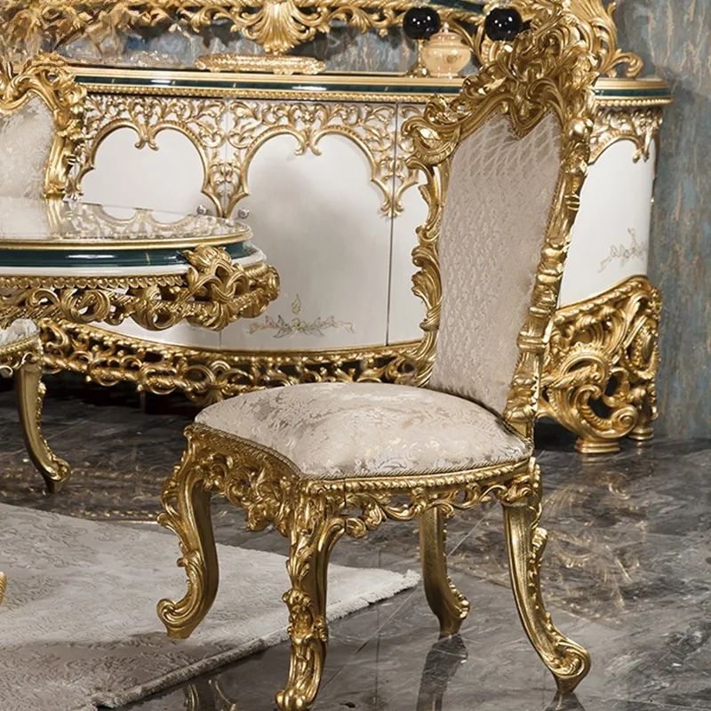 High-end Royal Luxury Dining Room Furniture Sets Customized Classical Wooden Gold-leaf Dining Tables
