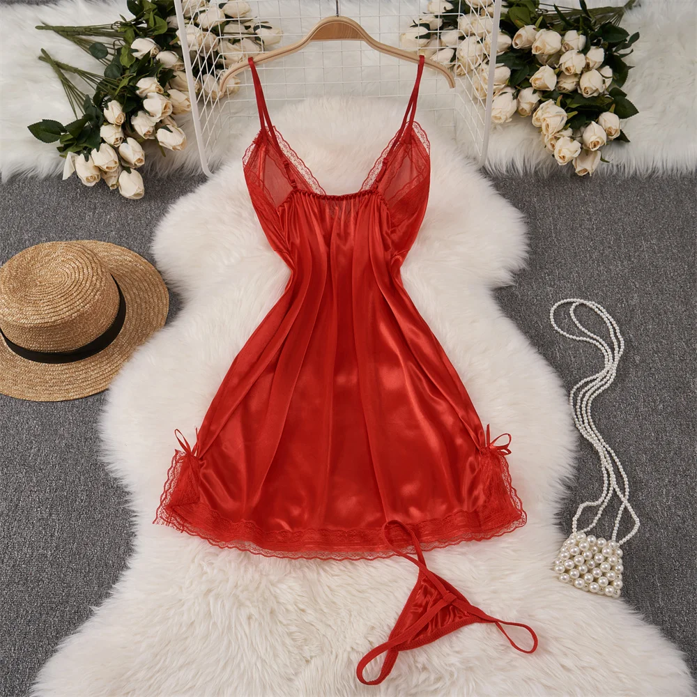 Women\'s V-Neck Strap Nightgown Hotsweet Bow Lace Patchwork Solid Color A-Line Mini Dress Sexy Slim Fit Nightwear Erotic Pajama