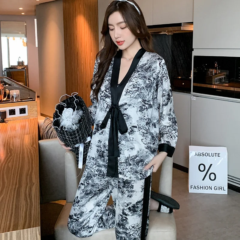 Three-Piece Set Ink Style Printed Pajamas Female Internet Celebrities Summer andAutumn Cardigans New Ice Silk Suspender Birthday