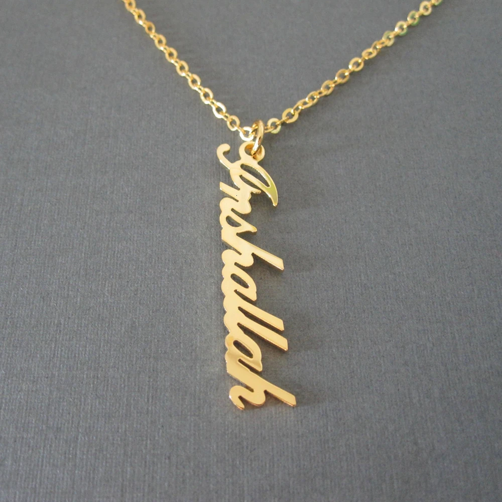 Personalized Gold Color Name Necklace Customized Vertical Nameplate Pendant Stainless Steel Necklace Women Men Child Jewelry