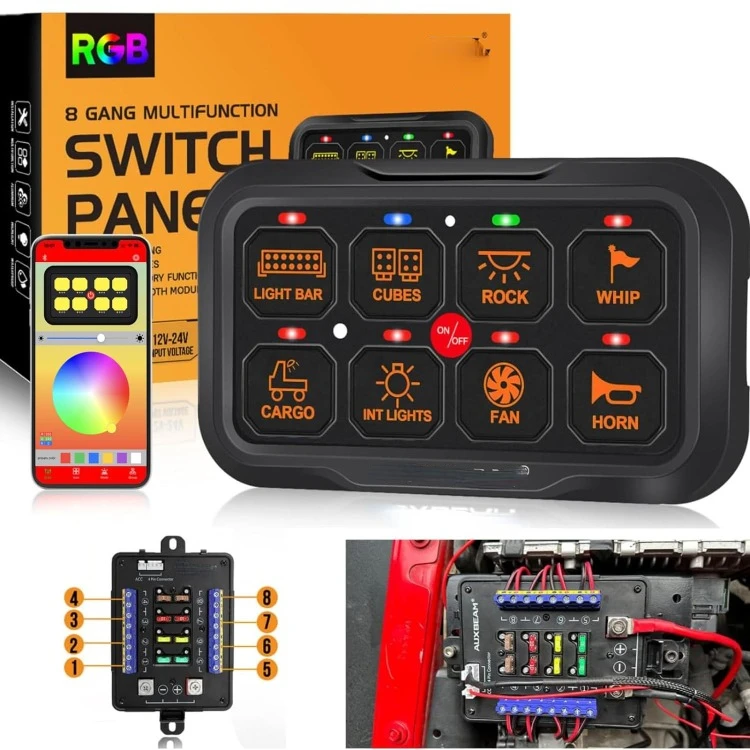 

RGB Bluetooth 8 Gang Switch Panel AR-820 Toggle Momentary Pulsed Switch Pod for Truck UTV Offroad Boat Auxiliary LED Light