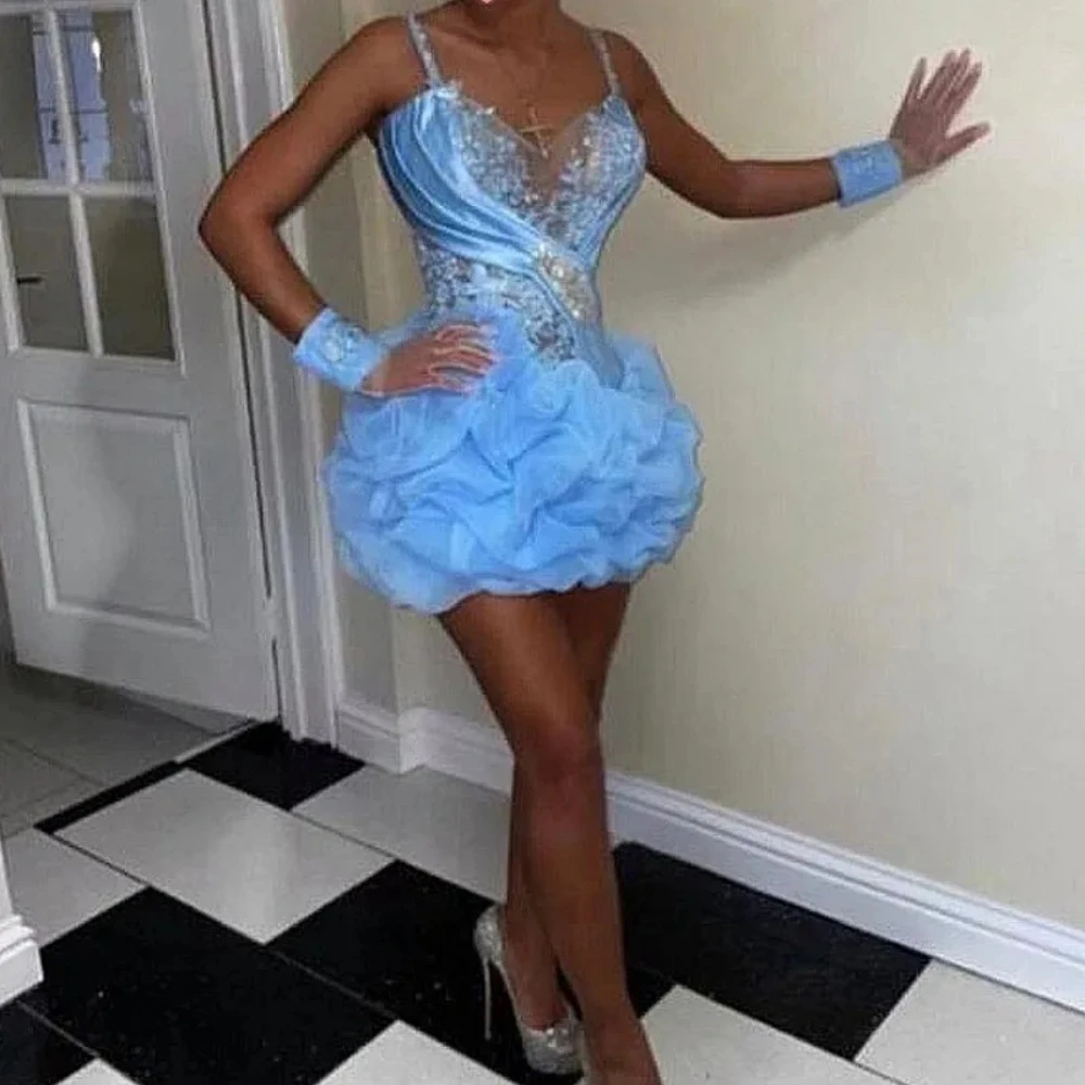 

2025 Sweet Blue Women Prom Dresses Sweetheart Spaghetti Strap Above Knee Length Shiny Female Cocktail Party Mini Ball Gowns