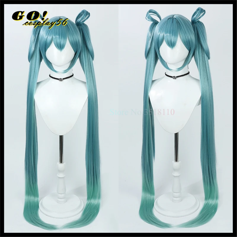 

Miku Cosplay Wig Long Ponytails Mixed Green Hair Long Straight Twin Pigtails Virtual Idol Live Headwear