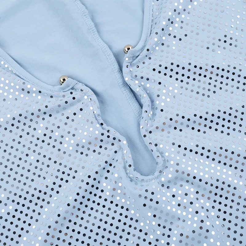 Stsss feminino azul lantejoulas vestido nova moda outono profundo decote em v manga longa decoração de pele do falso magro bodycon festa clube mini vestido