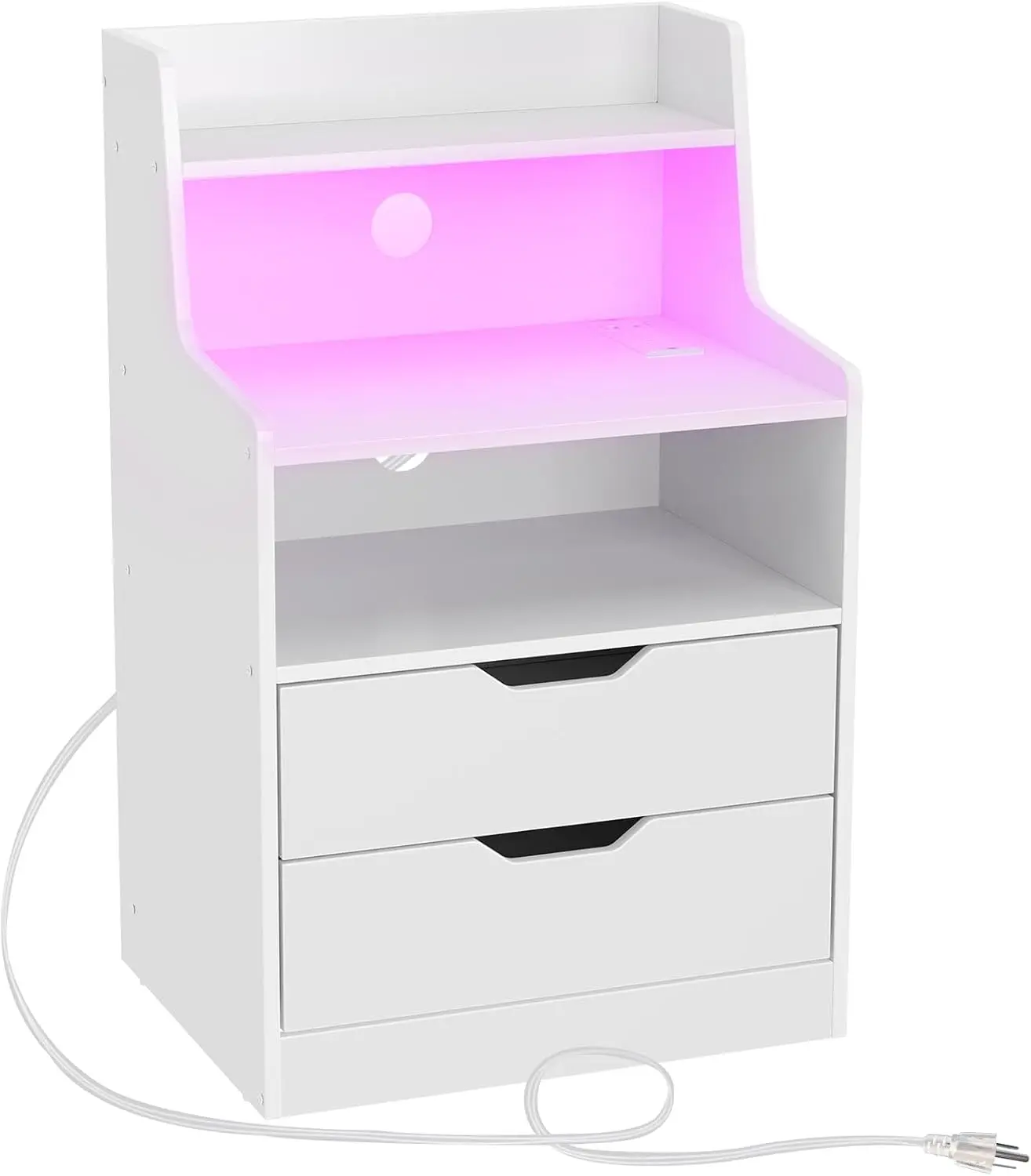 Nightstand with Charging Station & LED Lights White 2 Drawers Storage Shelves, USB Power Outlets Bedside Table Bedroom Organizer