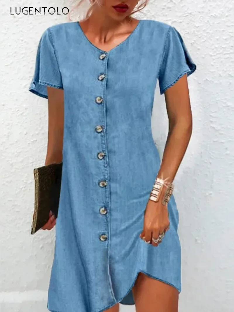 

Denim Casual Dress Women Single-breasted V-neck Spring Summer Female Short Sleeve Simple New Fashion Clothing