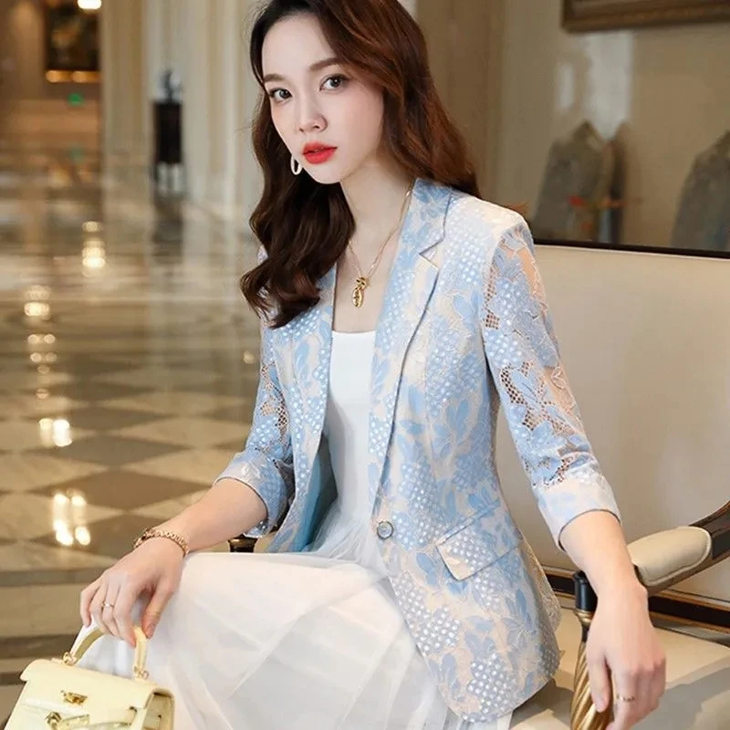 New Summer Thin Small Suit Jacket Lace Hollowed Blazer Lady Slim Single Button Blazer Women Casual Sun Sunscreen Clothing