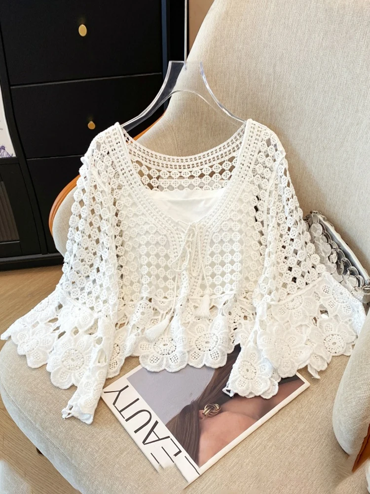 

N Кружевной трикотаж, женский летний трикотаж Bell Sve Tie Drape, свободная универсальная верхняя одежда, осенний длинный свек ort Length