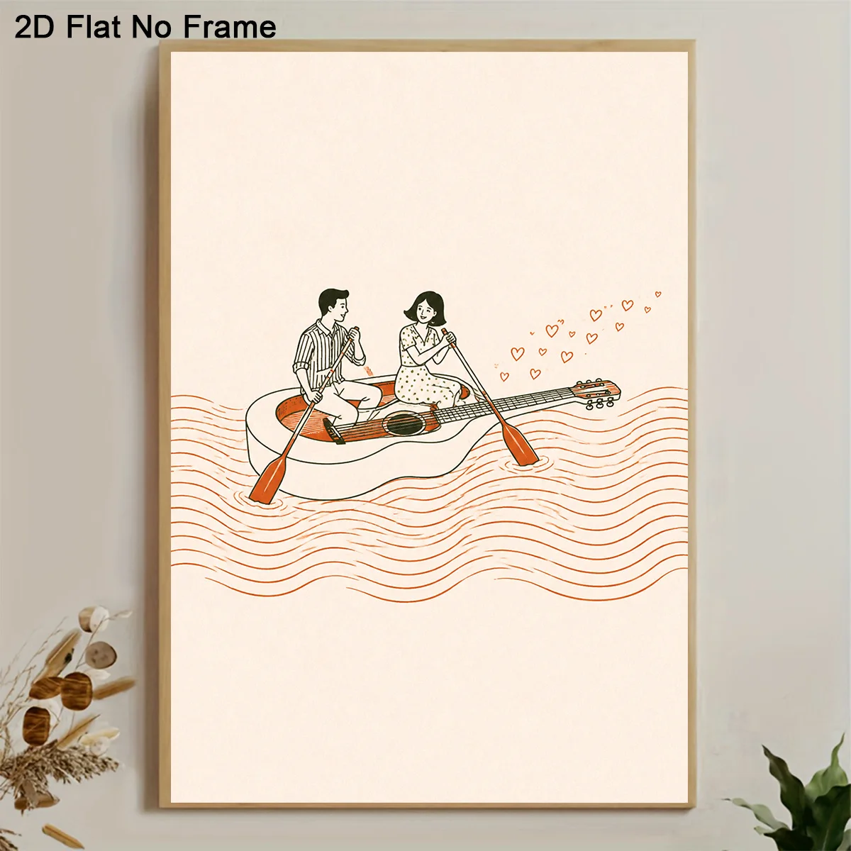 2D Flat, 2D Flat, 1pc Frameless Canvas Poster, Romantic Couple Rowing on Guitar-Shaped Boat Illustration with Floating Hearts