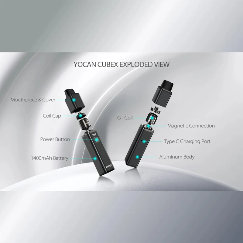 Original Yocan Cubex ชุด Vape 1400mAh แบตเตอรี่ TGT Coil Tech 3 ระดับแรงดันไฟฟ้า Type-C พอร์ตอิเล็กทรอนิกส์บุหรี่ Vaporizer ปากกา Vape