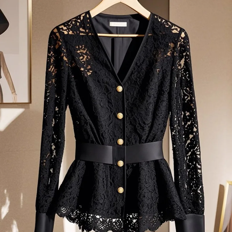 Celebrity light and familiar temperament feminine long-sleeved lace slim-fit shirt women's new high-end V-neck chic lace shirt