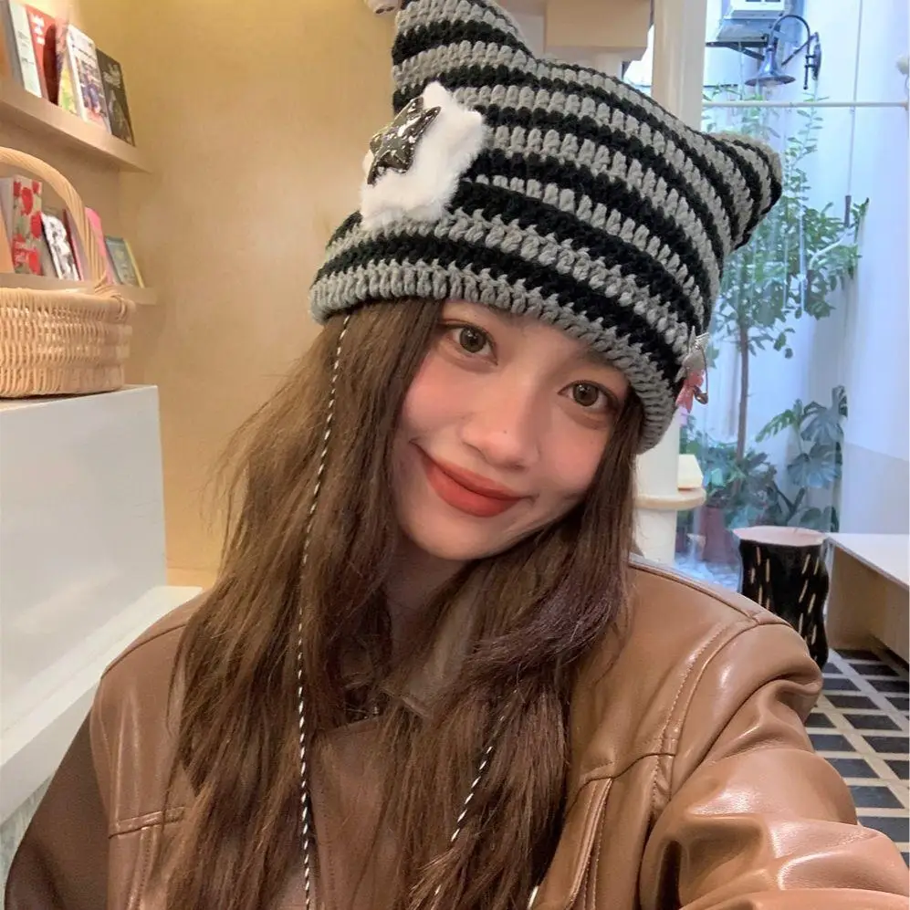 Y2K Beanie Hat Streetwear Harajuku Little Devil Striped Knitted