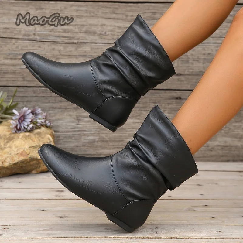 Größe 36-42 Herbst Frauen Leder Kurze Stiefel Slip auf Mode Plissee Runde Kappe Niedrigen Absatz frauen Stiefel botines Para Mujeres Botas – Detail 5