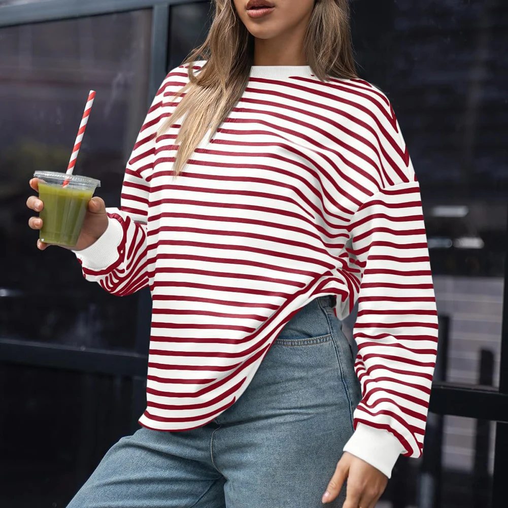 

Легкий полосатый свитшот оверсайз с длинными рукавами и круглым вырезом для женщин, для повседневной носки, праздников и клубов