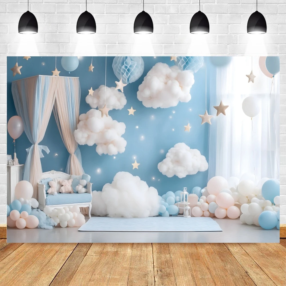 Newborn First Birthday Backdrop Blue Balloons Moon Star Clouds Tent Interior Room Scene Baby Shower Photography Background Decor