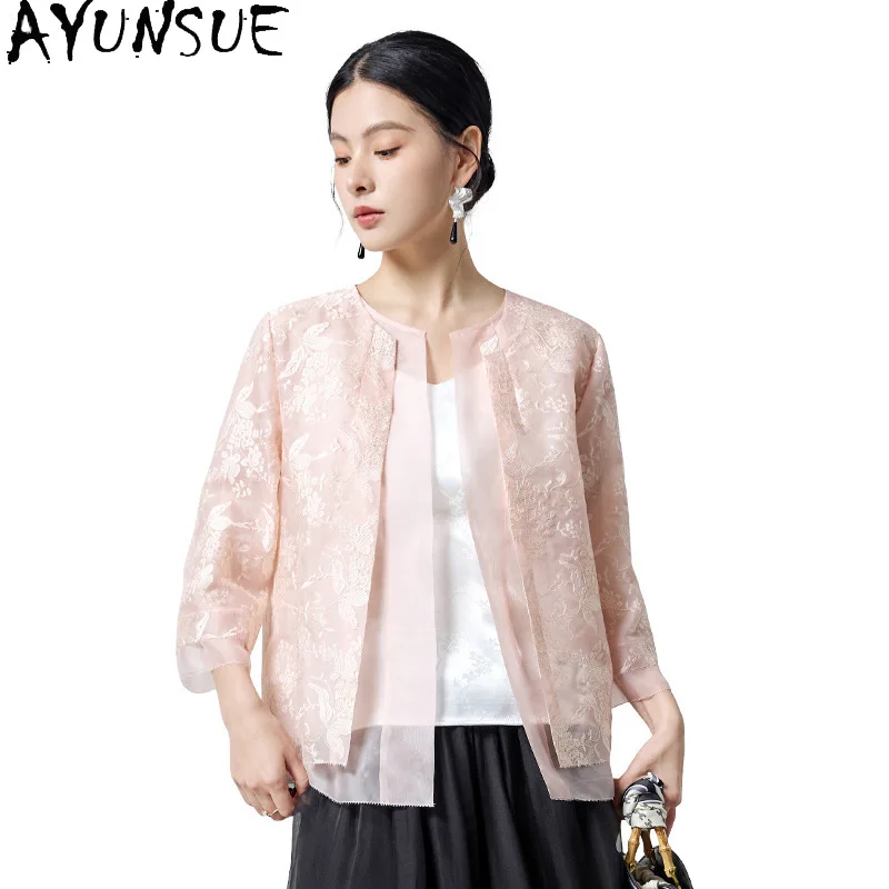 AYUNSUE 100% Mulberry Silk Coat Woman Fashion Cardigan Embroidery Spring Summer Clothes for Women 2026 Jacquard Chaqueta Mujer