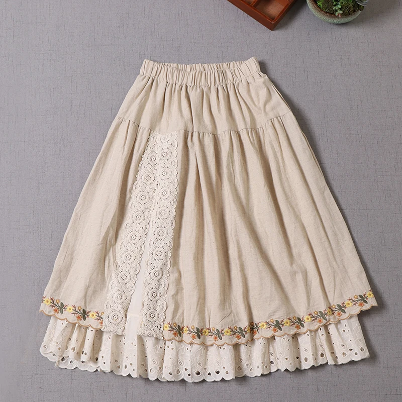 Mori Girl Vintage Lace Flower Embroidery Double Layer Lining Skirt Women Harajuku Elastic Waist Casual Loose A-Line Skirts