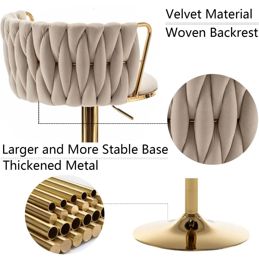 Набор бархатных кофейных стульев из золотистого бархата, 4 шт., вращающиеся высокие стулья со спинкой, регулируемые плетеные барные стулья для кухонного островка, кофейные стулья