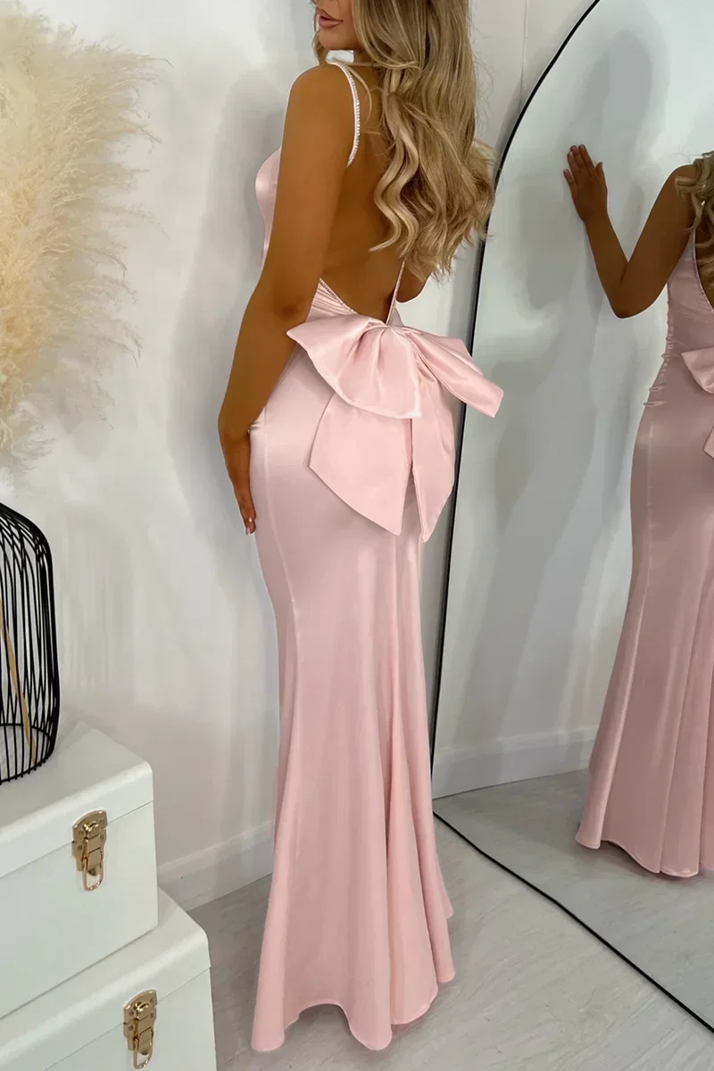 Elegant Backless Bow Satin Dress Spaghetti Strap Party Cocktail Wedding Guest Long Dress for Women Slim Bodycon Sexy Dress 2024