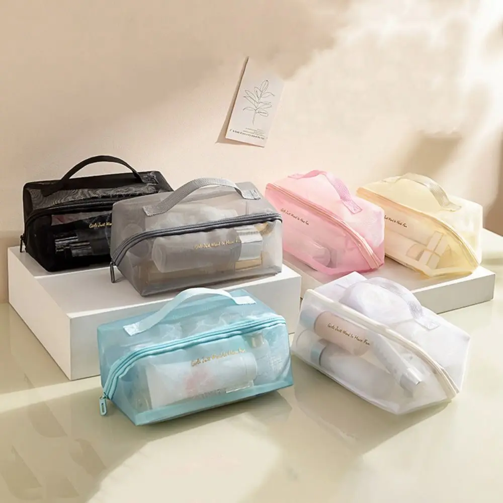 

Letter Clear Mesh Makeup Bag Casual Hollow Zipper Transparent Cosmetic Bag Pure Color Storage Bag Mesh Travel Wash Bag Girls