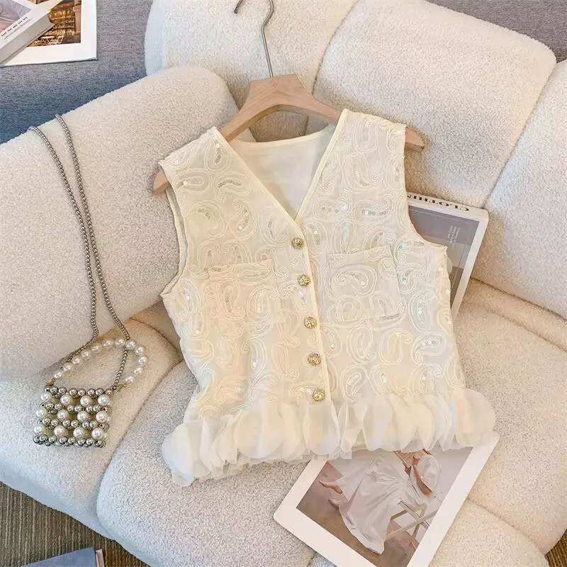Embroidered Jacquard Sleeveless Short Waistcoat 2025 Spring Summer Women Petal Patchwork Vest Female Sweet Sleeveless Cardigan