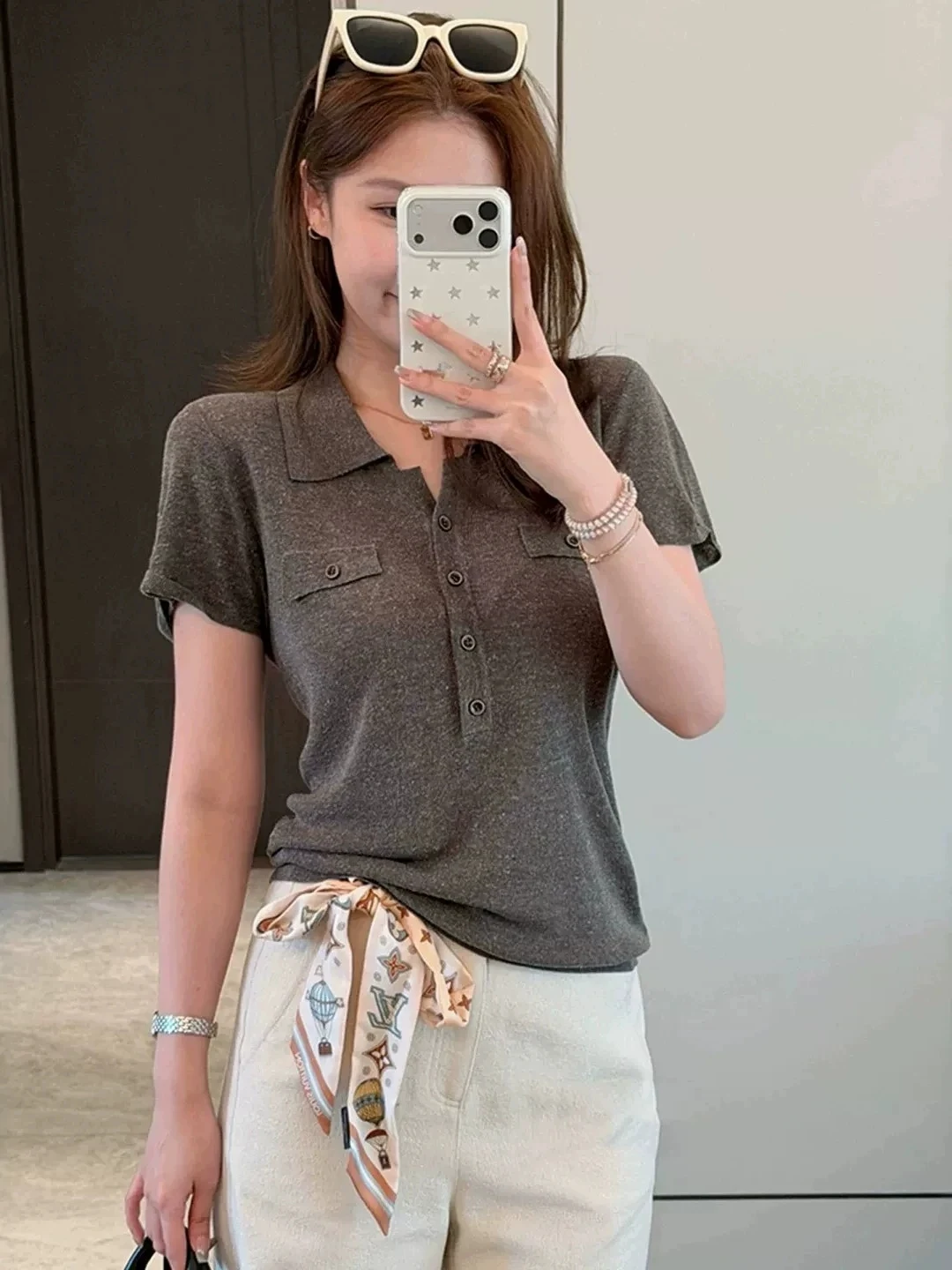 

plus Size Women's Slim Fit Short Sleeve Knitted T-Shirt Turn-down Collar Regular Shoulder Korean Style Summer Top Elegant