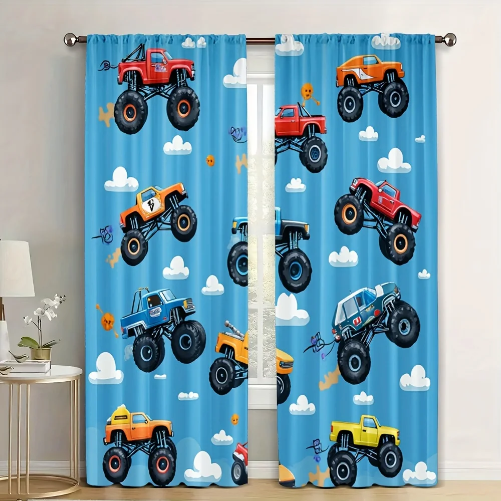 Blue Cartoon Monster Truck Curtain Set 2pcs Kids Boy Room Decor Drapes Off Road Vehicle Jeep Nursery Curtains for Nursery
