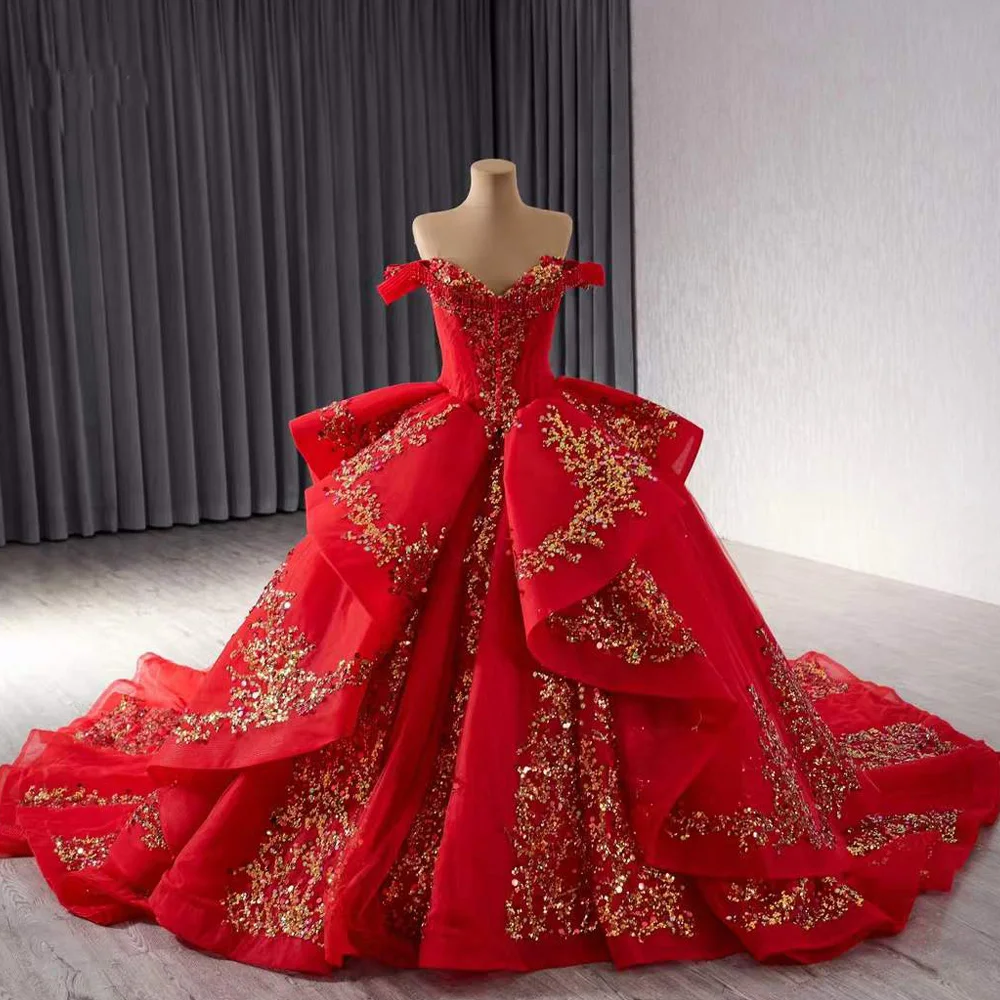 Vestidos Para 15 Quinceanera Off Shoulder Sweetheart Lace Up Back Sequined Red Customized Long Evening Dress