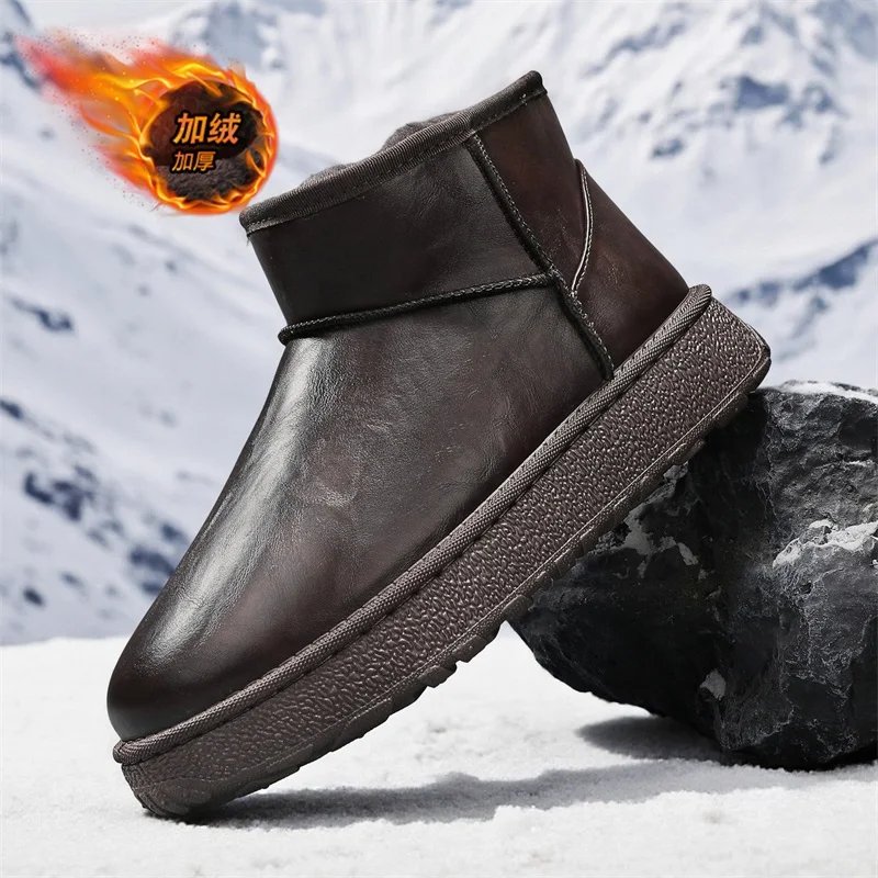 Shoes for Men 2026 Winter Fashion Non-slip Cotton Shoes Men's Thickened Leather Waterproof Casual Snow Boots Zapatillas Hombre