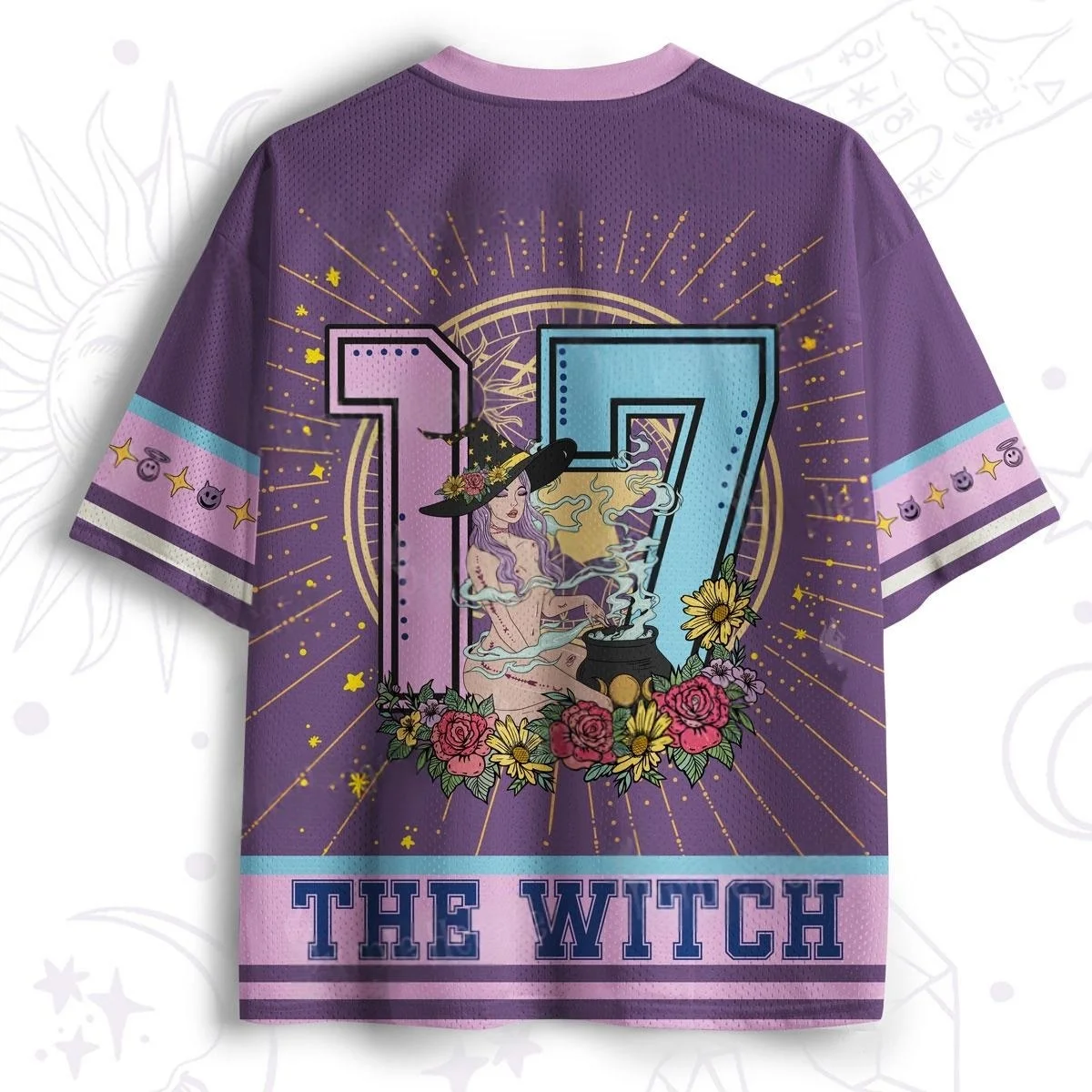 Number 17 The Witch Graphic Mesh Jersey Purple Floral Witch Cauldron Print V Neck Short Sleeve Halloween Vintage Sports Tee