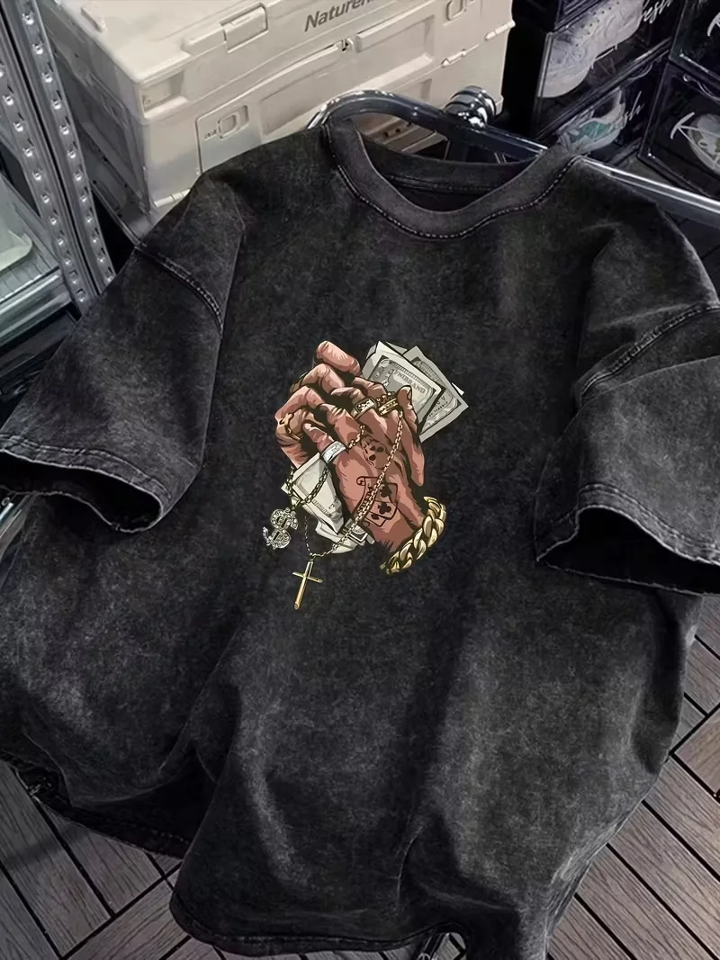 Hustle Money Hands Graphic T Shirt Vintage Washed Distressed Oversized Hip Hop Tee Shirt for Streetwear Lovers Casual Daily Wear
