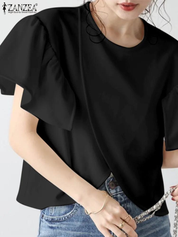 ZANZEA Women Asymmetrical Simple Tops 2024 Summer Ruffled Short Sleeve Tees Fashion Round Neck Tunics Casual Loose Solid Blouses