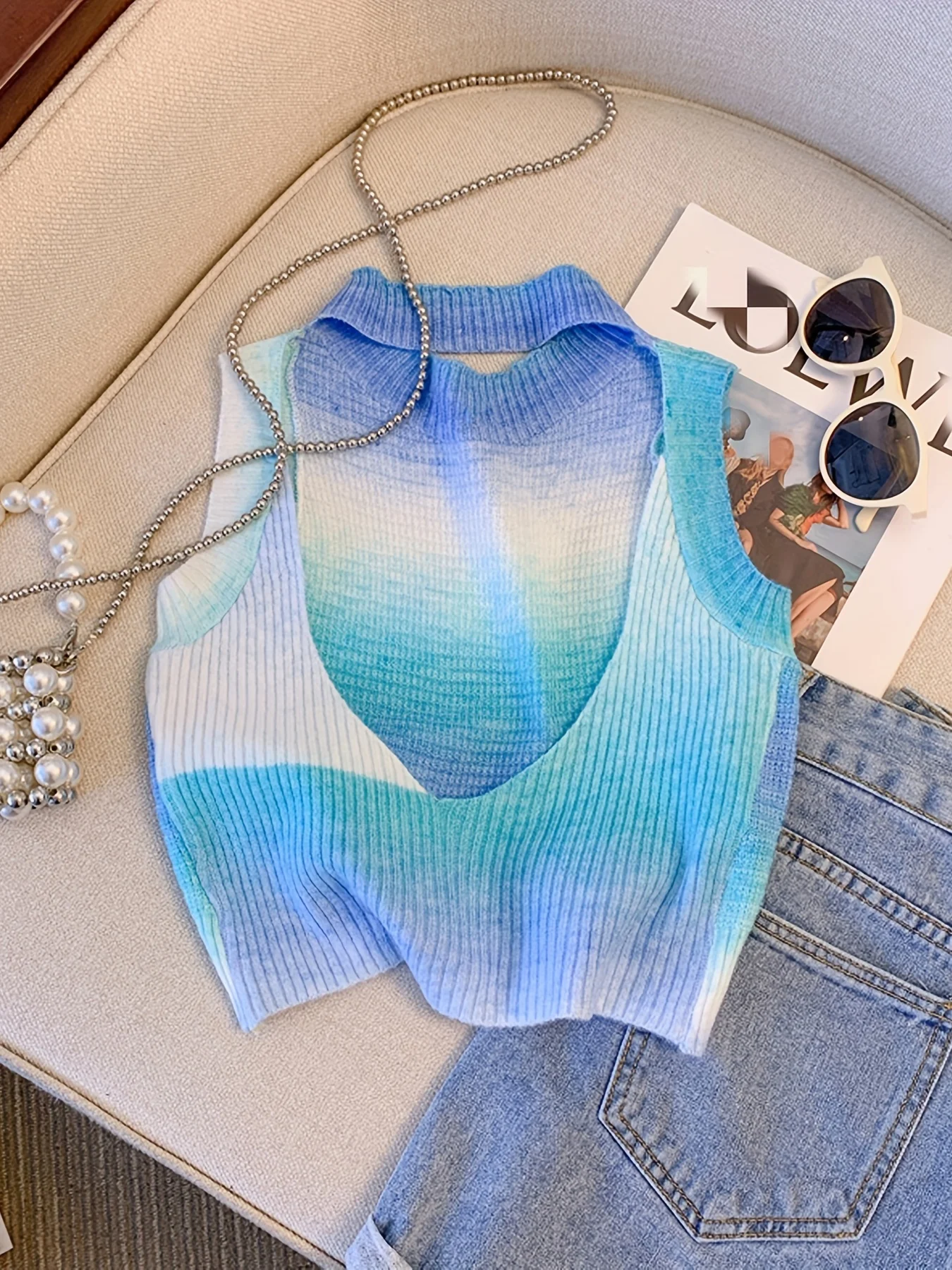 Chaleco de suéter sin espalda Tie Dye para mujer, Top Sexy sin mangas con cuello redondo, Mini Top corto de capas a la moda