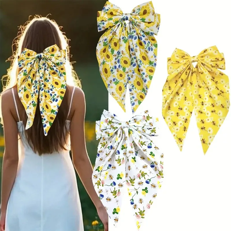 Holiday Style Spring Hair Clip Sunflower Print Ponytail Clip Double Layer Bow Spring Clip Fabric Hawaii Beach Hair Accessories
