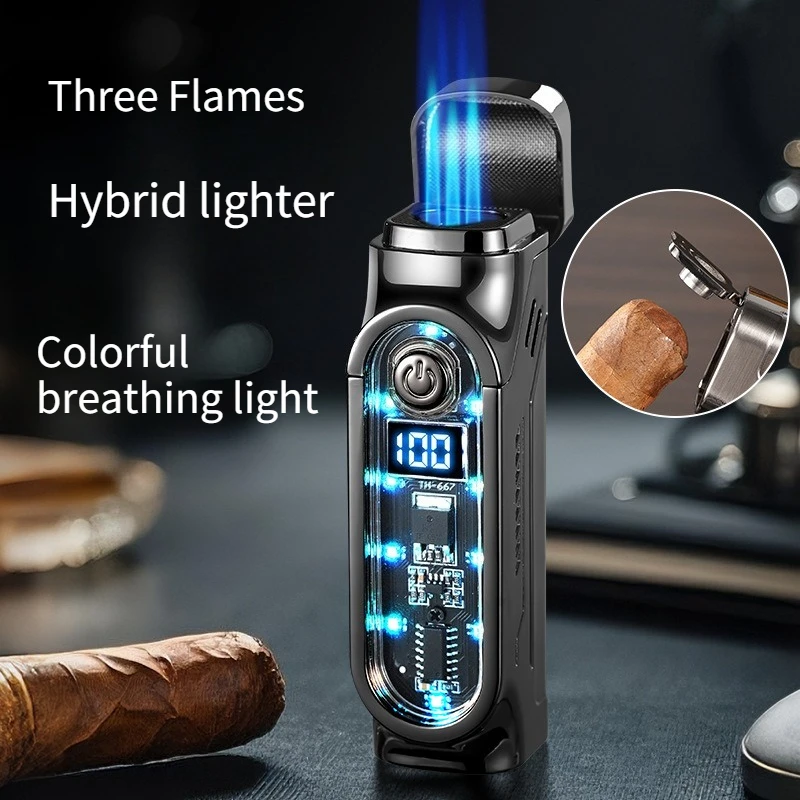 3 Jet Blue Flame Butane Gas Torch Lighter Digital Power Color Light Chip Cigar Diamond Knife Cigarette Holder USB Cigar Lighters