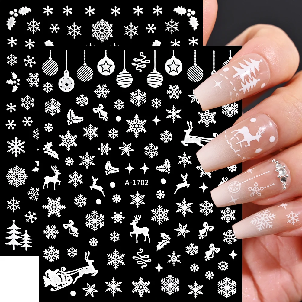 Autocollant pour ongles flocons de neige blancs 3D, 1 pièce, curseur adhésif pour bonhomme de neige, élan de noël, nouvel an, décalcomanies de flocon de neige, décoration de manucure