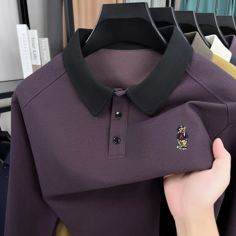 

High end brand long sleeve polo shirt men autumn casual fashion Korean cute little bear embroidery color blocked lapel T-shirt