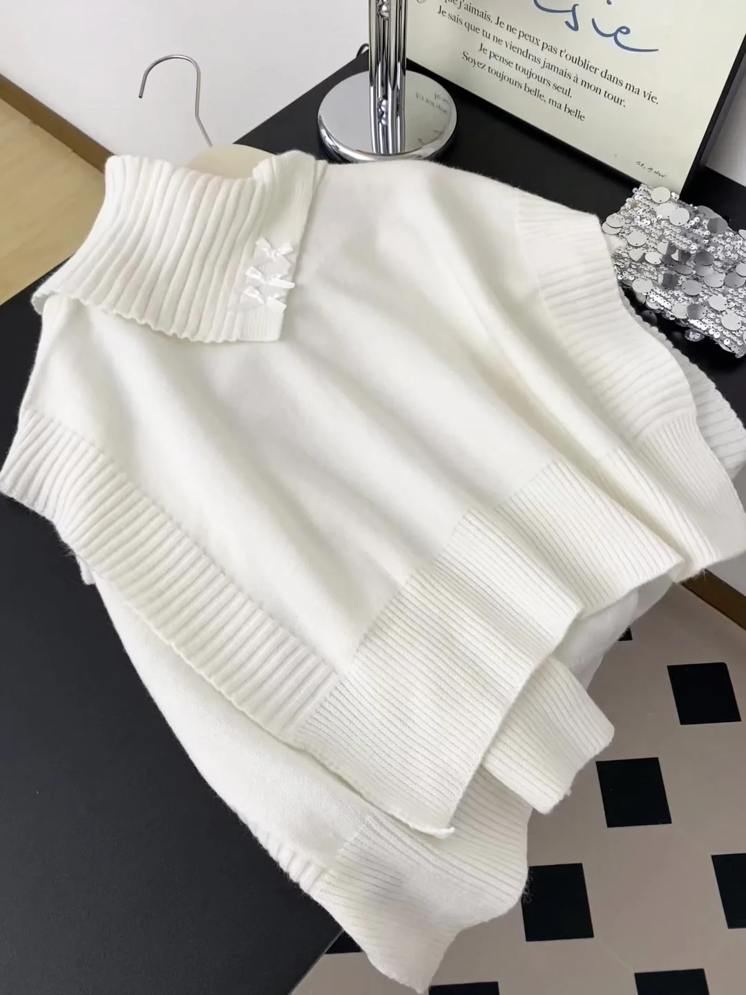 レディース ルーズコート セーター アウター ハイカラー 秋冬 ノット 不規則 ニットトップ ショルダーアウル