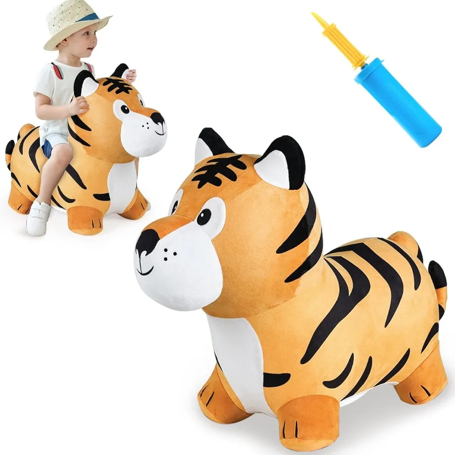 iPlay iLearn Giocattolo con tramoggia tigre rimbalzante per bambini: cavaliere rimbalzante gonfiabile con pompa Buttafuori per animali da giro in peluche per interni