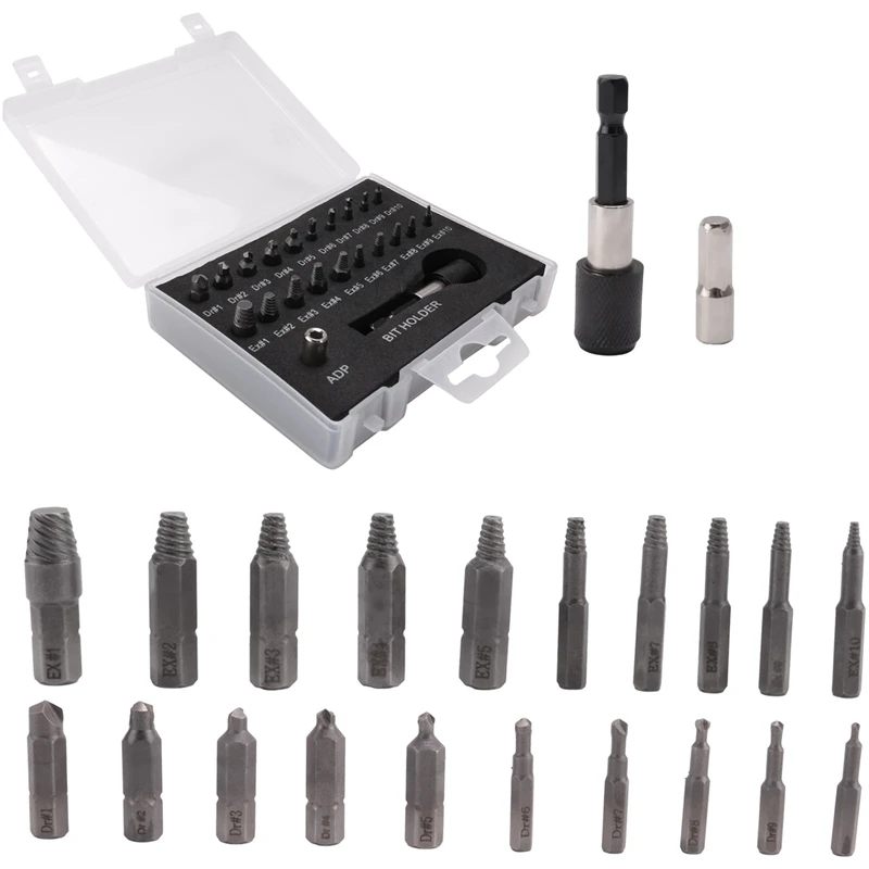 Damaged Screw Extractor Set,22 PCS Stripped Screw Extractor Kit, HSS Broken Screw Remover Set With Bit & Socket Adapter