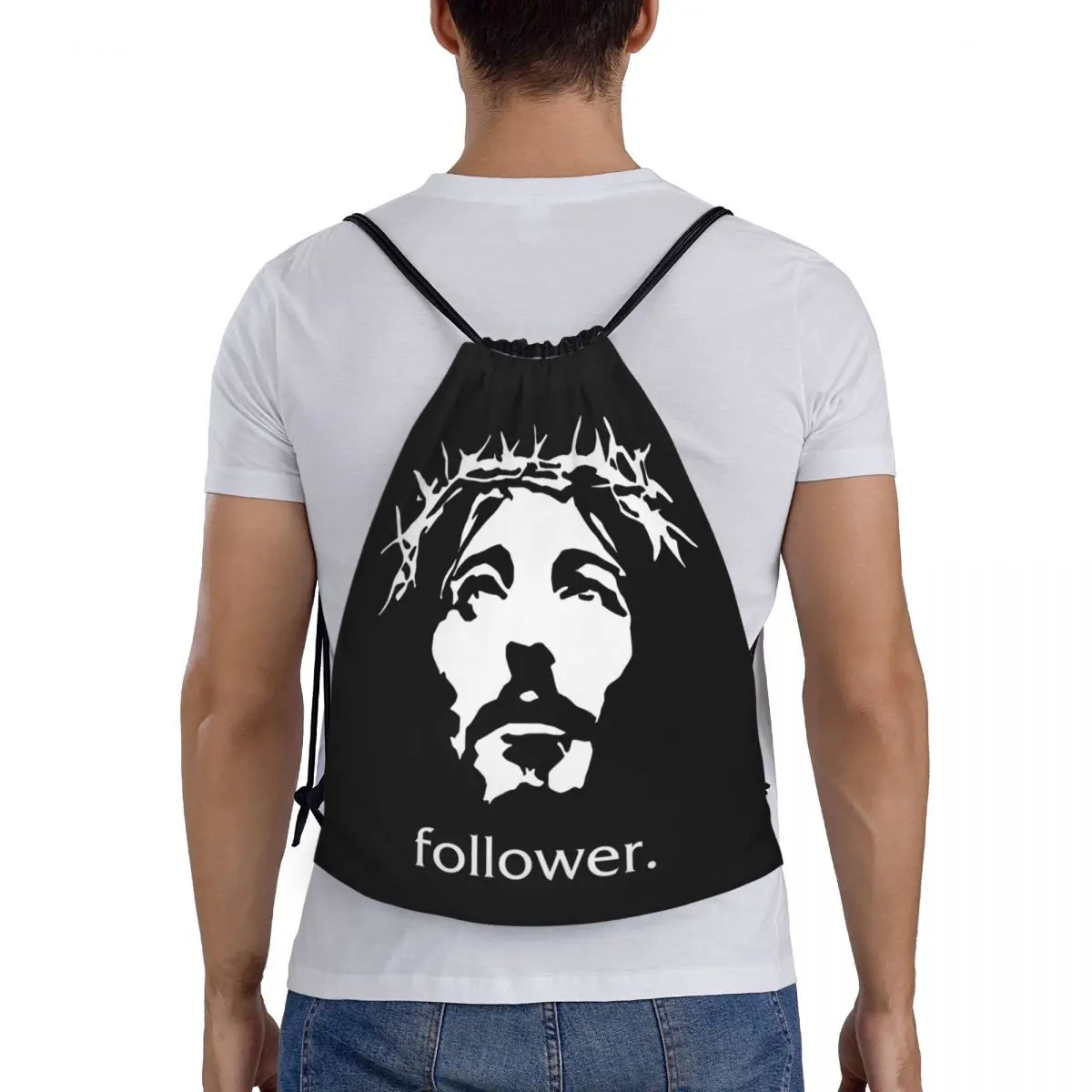 Funny Follower Jesus Cristo Drawstring Mochila Sports Gym Bag para Homens Mulheres Fé Christian Training Sackpack