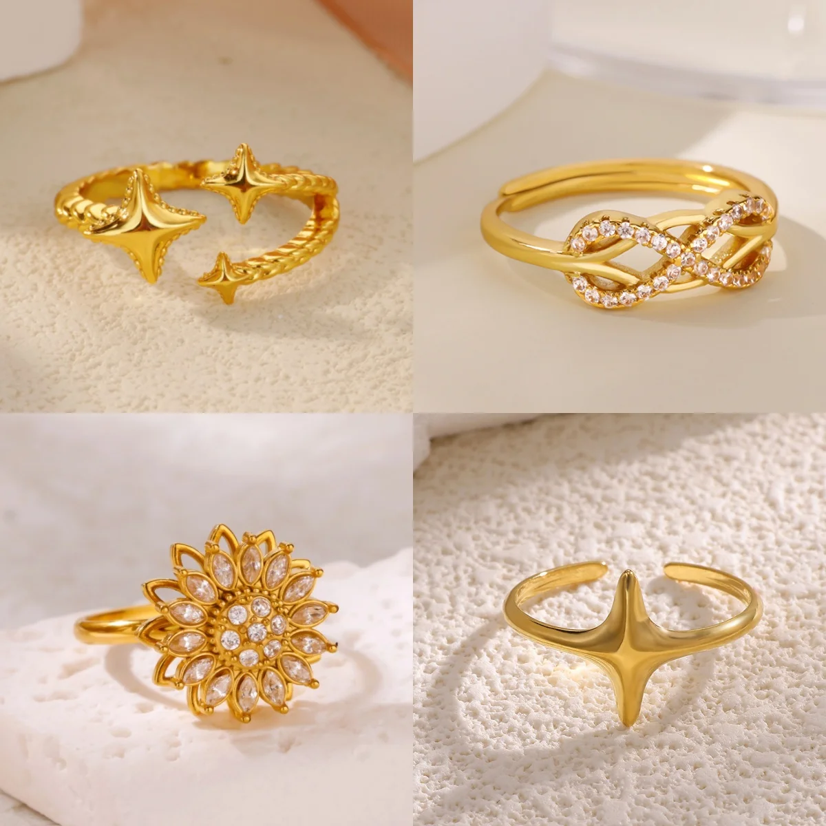 Klassischer Damenring mit Blumenmuster, vergoldeter Zirkonia-Stern-Schmuckring, kostenloser Versand