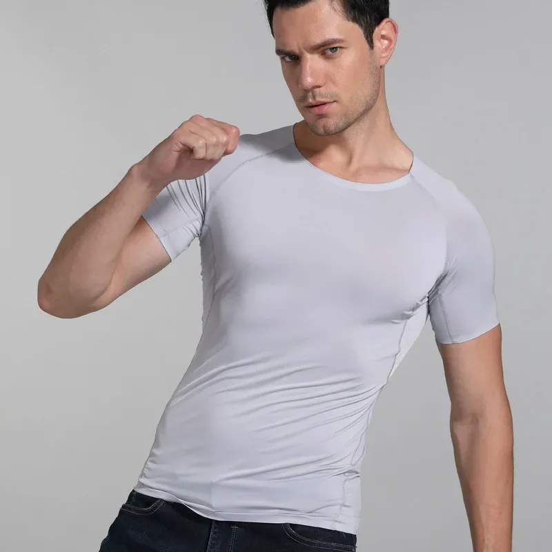 Summer Men Ice Silk Shirt Short Sleeves Seamless Round Neck Top Bodybuilding Thin T-shirt Elastic Breathable Undershirt Pullover