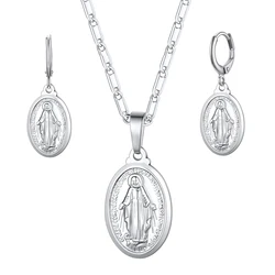 U7 Oval Coin Virgin Mary Pendant Necklace Dangle Earring Set for Women Embossed Miraculous Medal 2pcs/set Jewelry Set Gift