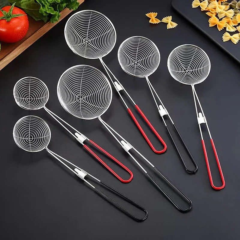 1PC Red Handle Strainer Stainless Steel Bubble Tea Colander Boba Milk Tea Spoon Filter Pearl Durable Safe Round Kitchen Gadgets