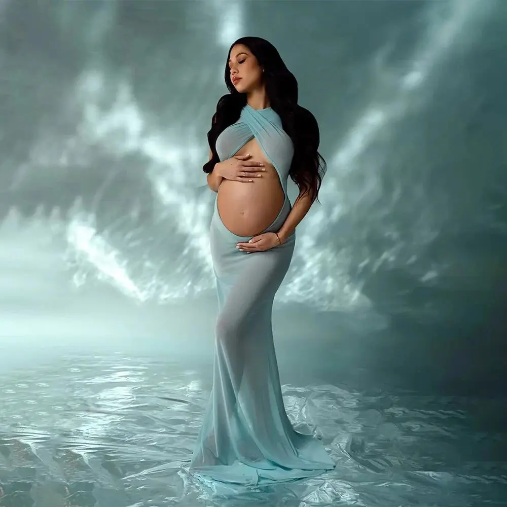 

Небесно-голубое платье для фотосессии для беременных, сексуальное прозрачное сетчатое платье макси, эластичное платье с открытой передней частью и спиной, наряд для беременных, фотография для детского душа