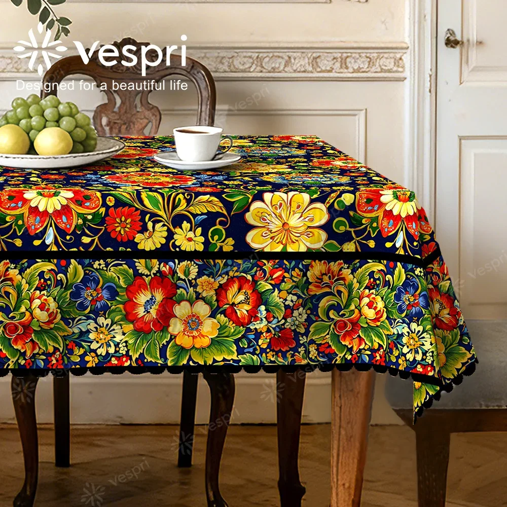 Vespri Spring Tablecloth, with blue and red decorations, featuring fruits and flowers, having a rural style,yzb